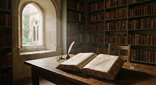 Een open boek in een rustige bibliotheek